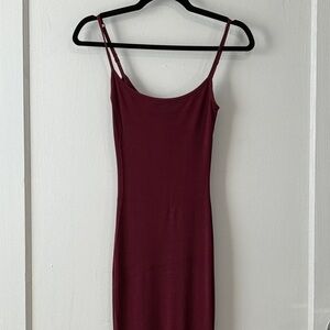 Skims Ribbed Spaghetti Strap Bodycon Maxi Dress in Burgundy